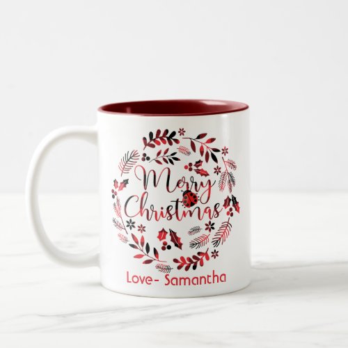 Customizable Floral ladybug Merry Christmas Two_Tone Coffee Mug