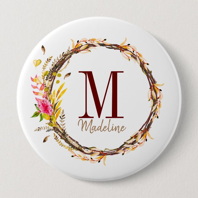 Customizable Floral Monogram Autumn Foliage Button (Front)