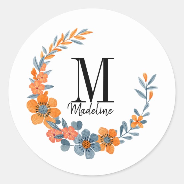 Customizable Floral Monogram Autumn Orange Flowers Classic Round Sticker (Front)