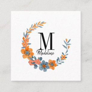 Customizable Floral Monogram Autumn Orange Flowers Square Business Card