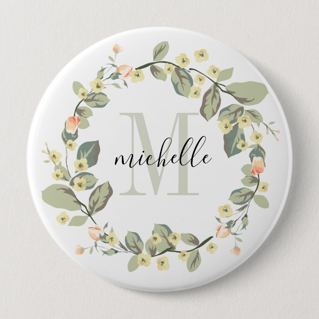 Customizable Floral Monogram Baby Peach Blossoms Button (Front)