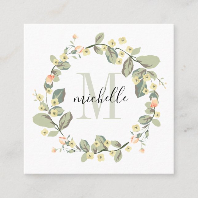 Customizable Floral Monogram Baby Peach Blossoms Square Business Card (Front)