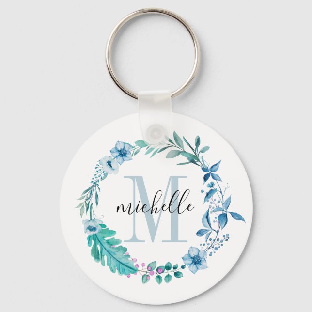 Customizable Floral Monogram Blue Spring Keychain (Front)