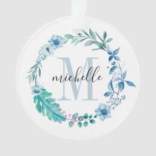 Customizable Floral Monogram Blue Spring Ornament