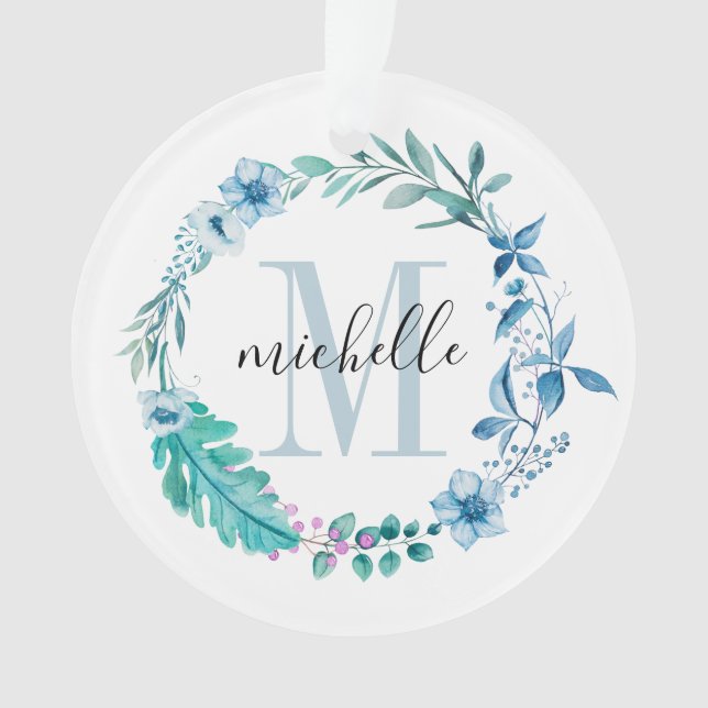 Customizable Floral Monogram Blue Spring Ornament (Front)