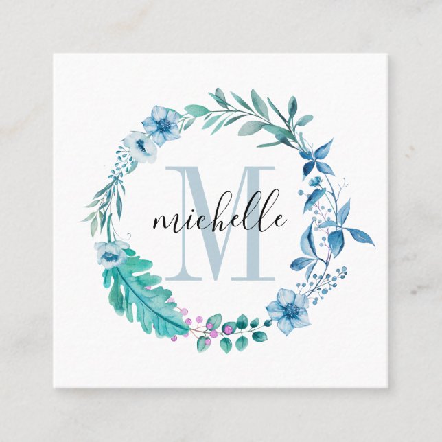 Customizable Floral Monogram Blue Spring Square Business Card (Front)