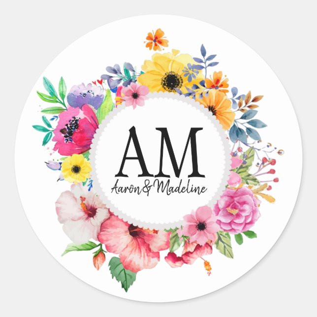 Customizable Floral Monogram Colorful Bouquet Classic Round Sticker (Front)