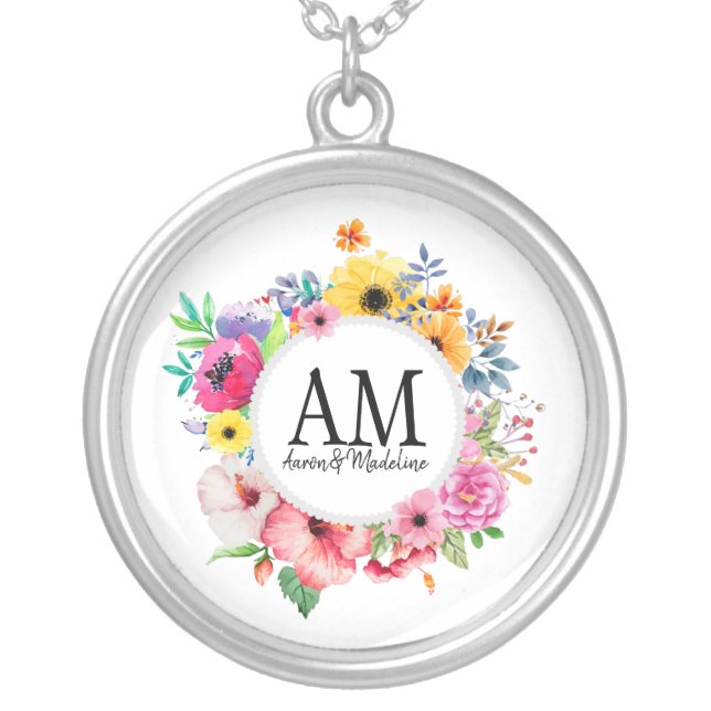 Customizable Floral Monogram Colorful Bouquet Silver Plated Necklace (Front)