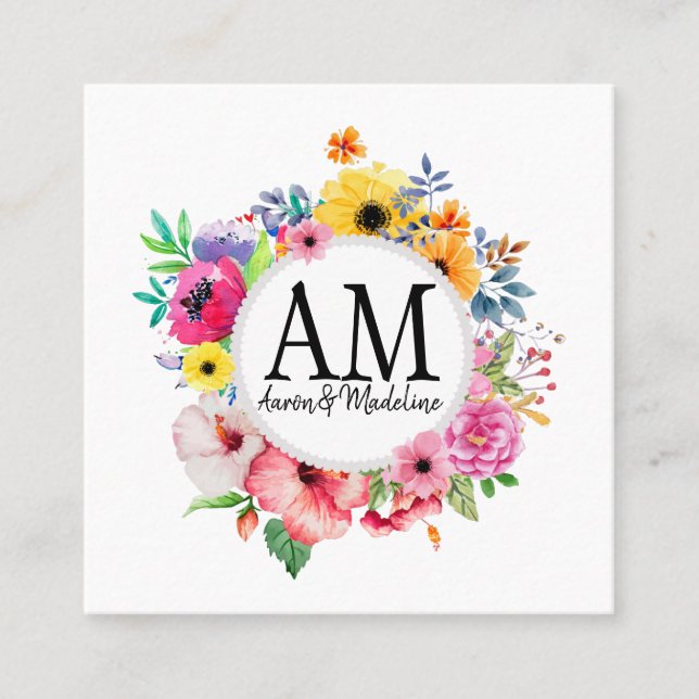 Customizable Floral Monogram Colorful Bouquet Square Business Card (Front)