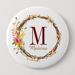 Customizable Floral Monogram Fall Foliage Button