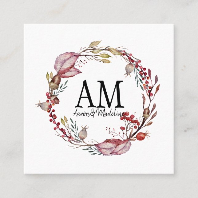 Customizable Floral Monogram Frame Autumn Foliage Square Business Card (Front)