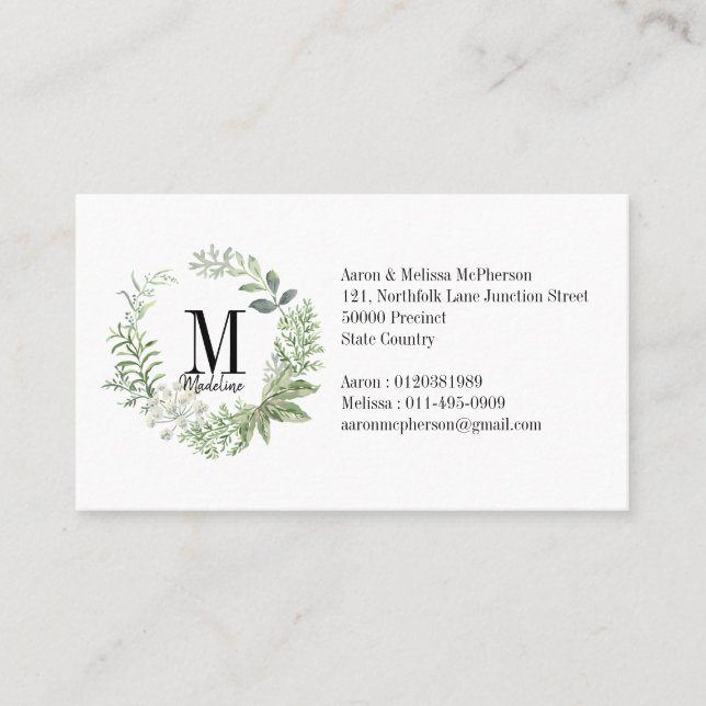 Customizable Floral Monogram Green Foliage Business Card (Front)