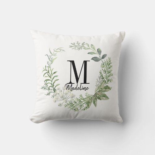 Customizable Floral Monogram Green Foliage Throw Pillow