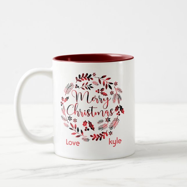 Customizable Floral Plaid Merry Christmas Two-Tone Coffee Mug (Left)