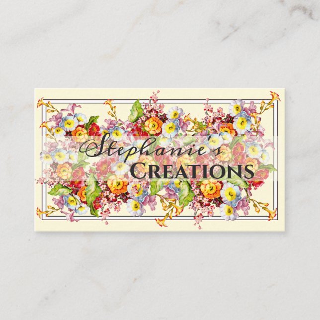 Customizable Floral Retro Spring Flowers Primrose Business Card (Front)