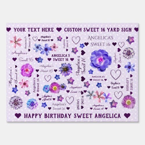 Customizable Floral Sweet 16 Pink Purple Flowers Sign