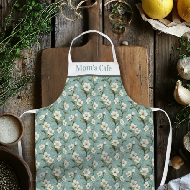 Customizable Floral Teal and White Apron (Creator Uploaded)