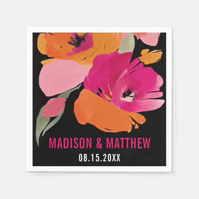 Customizable Floral Wedding Napkin - Names & Date (Front)