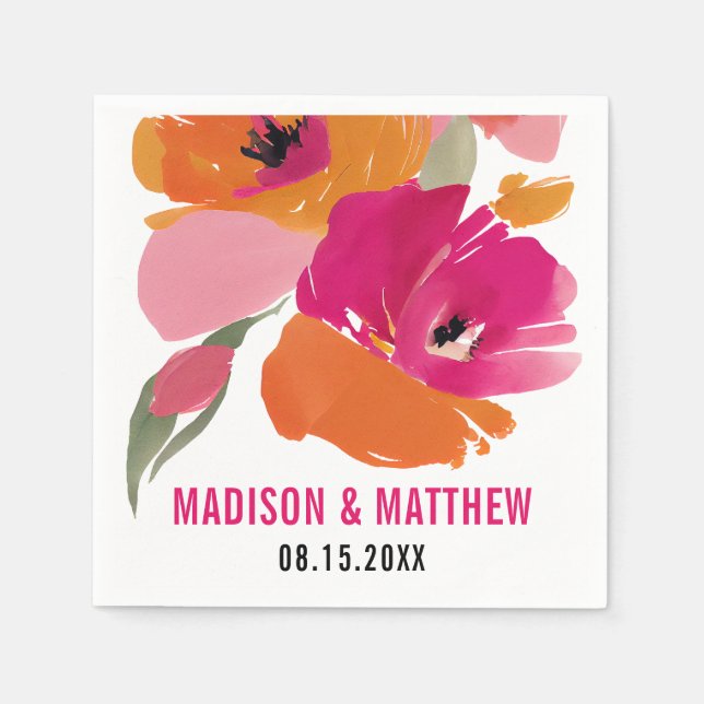Customizable Floral Wedding Napkin - Names & Date (Front)