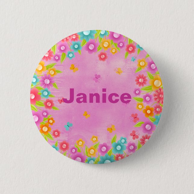 Customizable Flower Butterfly Name Pinback Button (Front)