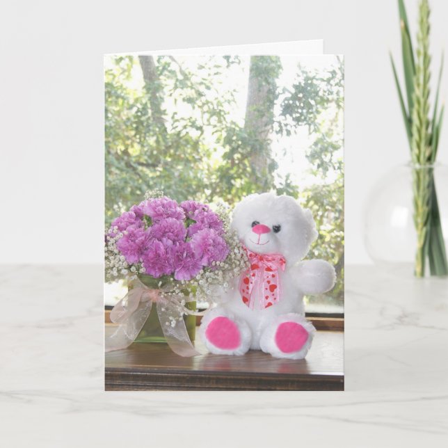 Customizable Flowers & Teddy Bear Valentine Card (Front)