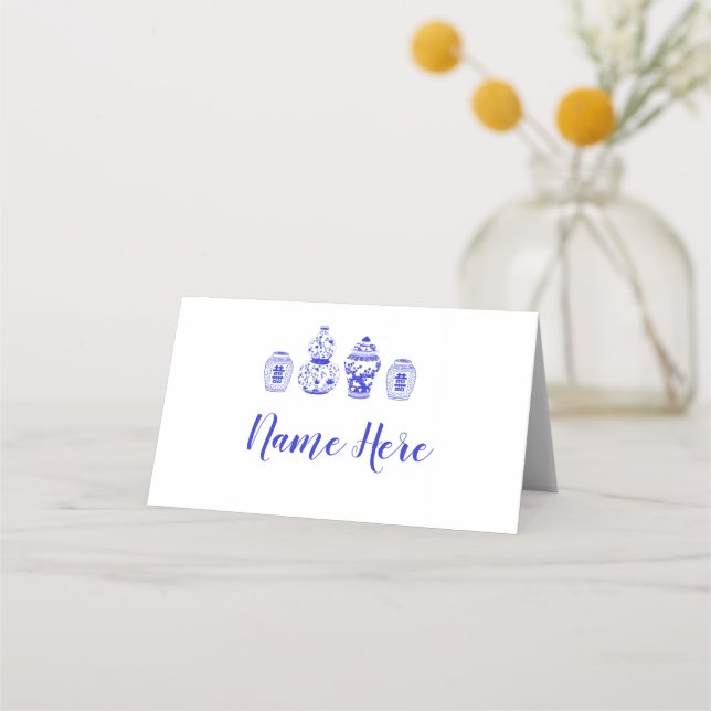 Customizable Folded Placecards ginger jar blue (Front)