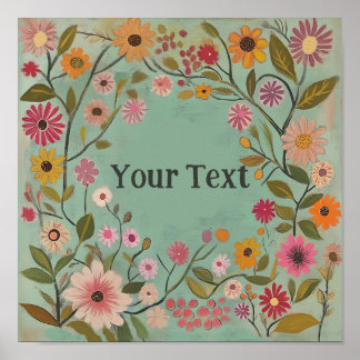Customizable Folk Art Flowers Poster in Teal