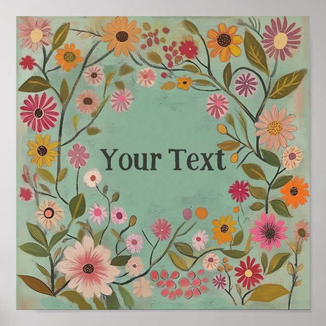 Customizable Folk Art Flowers Poster in Teal (Front)