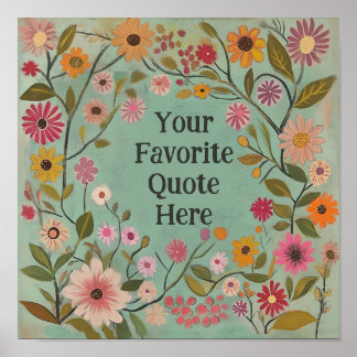 Customizable Folk Art Flowers Poster in Teal