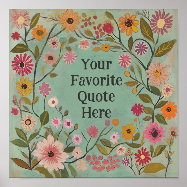 Customizable Folk Art Flowers Poster in Teal (Front)