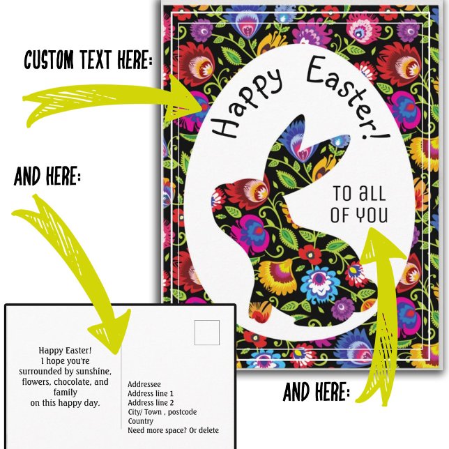 Customizable folksy Easter bunny, Postcard (Creator Uploaded)