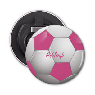 Customizable Football Soccer Ball Pink and White Bottle Opener