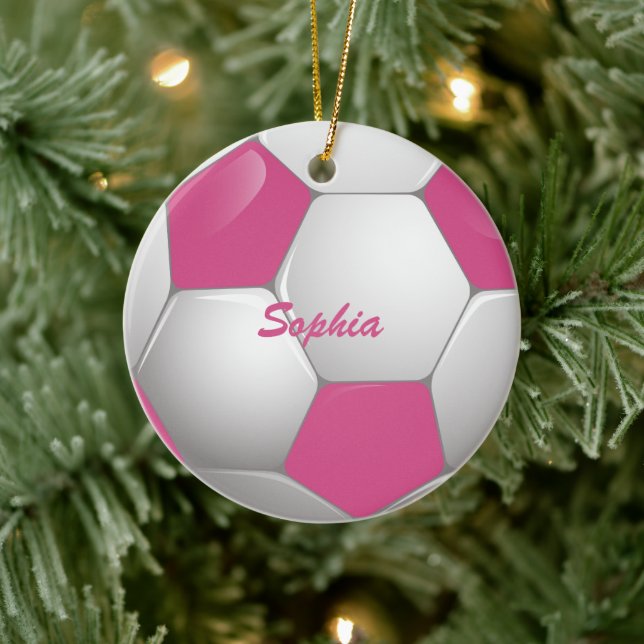Customizable Football Soccer Ball Pink and White Ceramic Ornament (Tree)