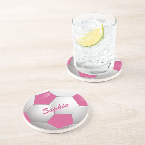 Customizable Football Soccer Ball Pink and White Coaster