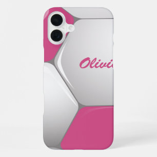 Customizable Football Soccer Ball Pink and White iPhone 16 Plus Case