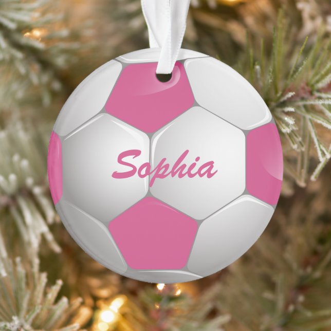 Customizable Football Soccer Ball Pink and White Ornament (Tree)