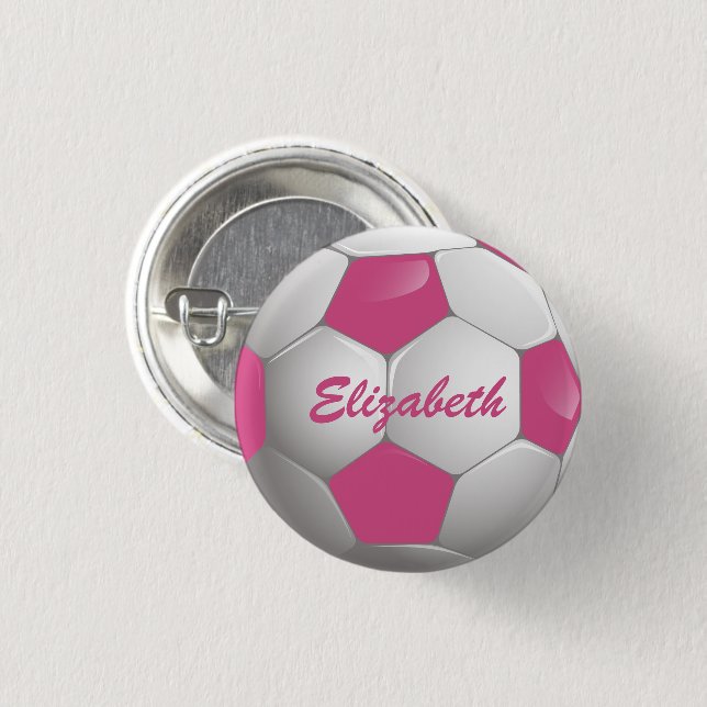 Customizable Football Soccer Ball Pink and White Pinback Button (Front & Back)