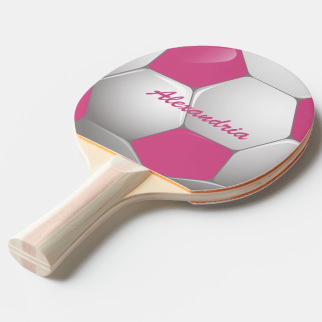 Customizable Football Soccer Ball Pink and White Ping-Pong Paddle (Front Angle)