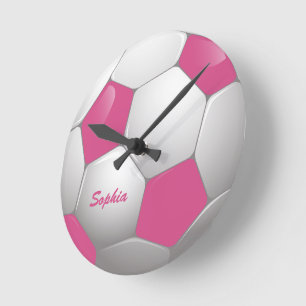 Customizable Football Soccer Ball Pink and White Round Clock