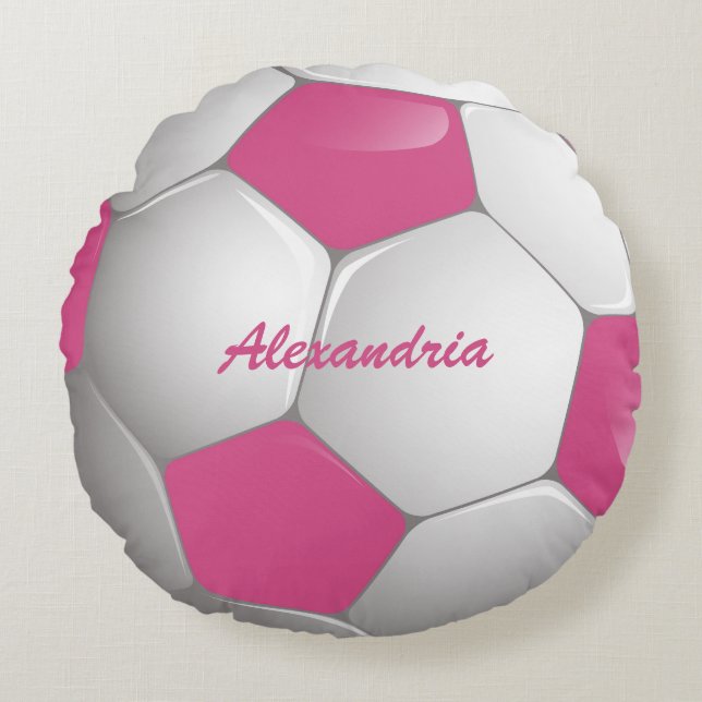 Customizable Football Soccer Ball Pink and White Round Pillow (Front)