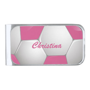 Customizable Football Soccer Ball Pink and White Silver Finish Money Clip