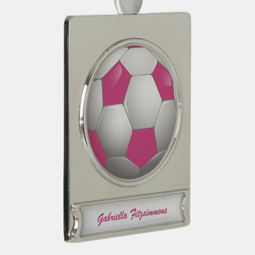 Customizable Football Soccer Ball Pink and White Silver Plated Banner Ornament