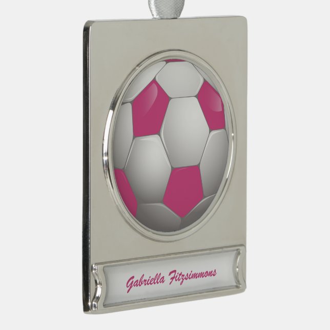 Customizable Football Soccer Ball Pink and White Silver Plated Banner Ornament (Right)