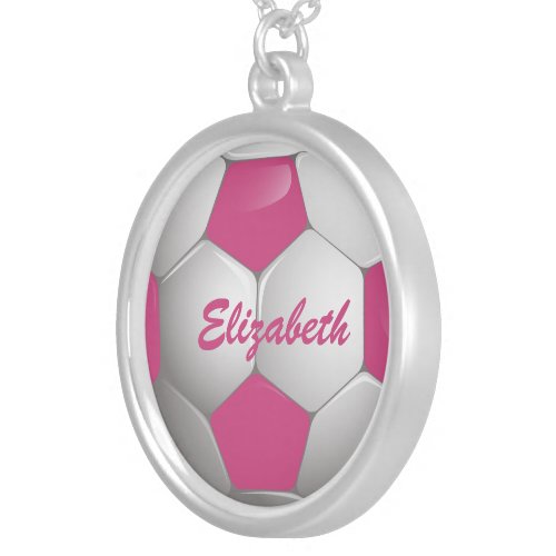 Customizable Football Soccer Ball Pink and White Silver Plated Necklace