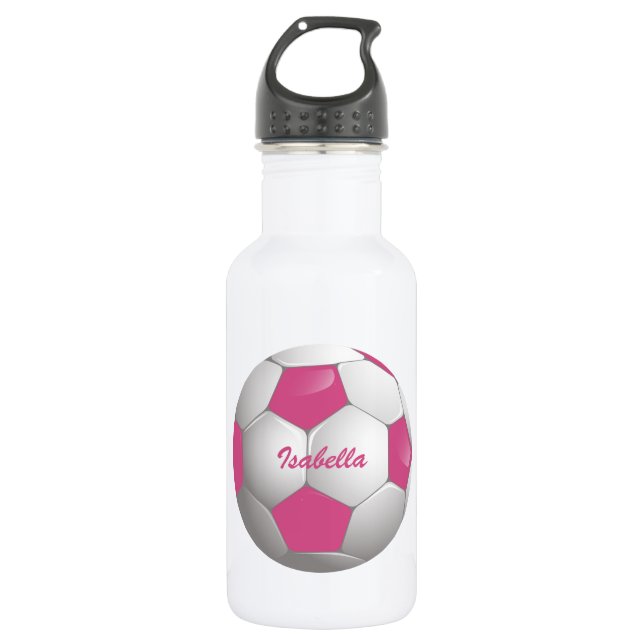 Customizable Football Soccer Ball Pink and White Stainless Steel Water Bottle (Front)