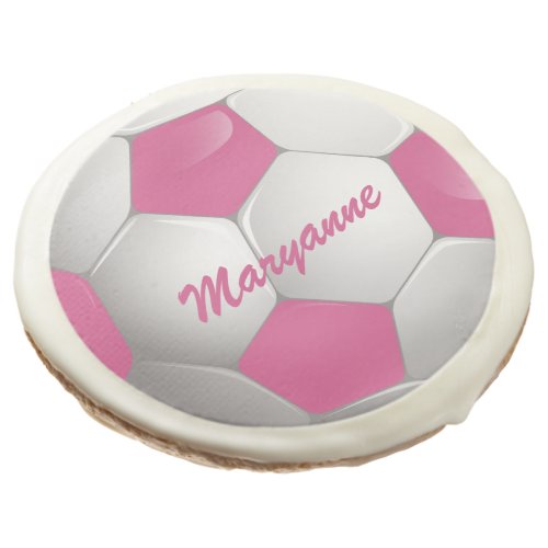 Customizable Football Soccer Ball Pink and White Sugar Cookie