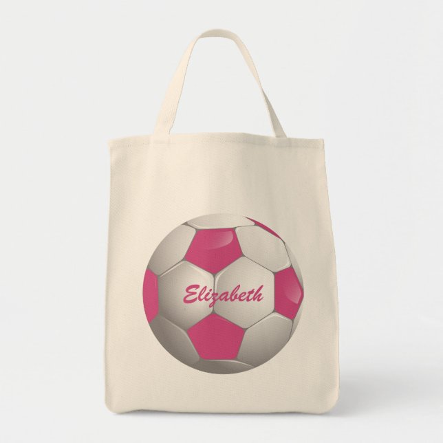 Customizable Football Soccer Ball Pink and White Tote Bag (Front)