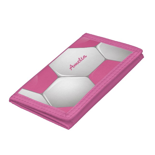 Customizable Football Soccer Ball Pink and White Tri-fold Wallet (Bottom)