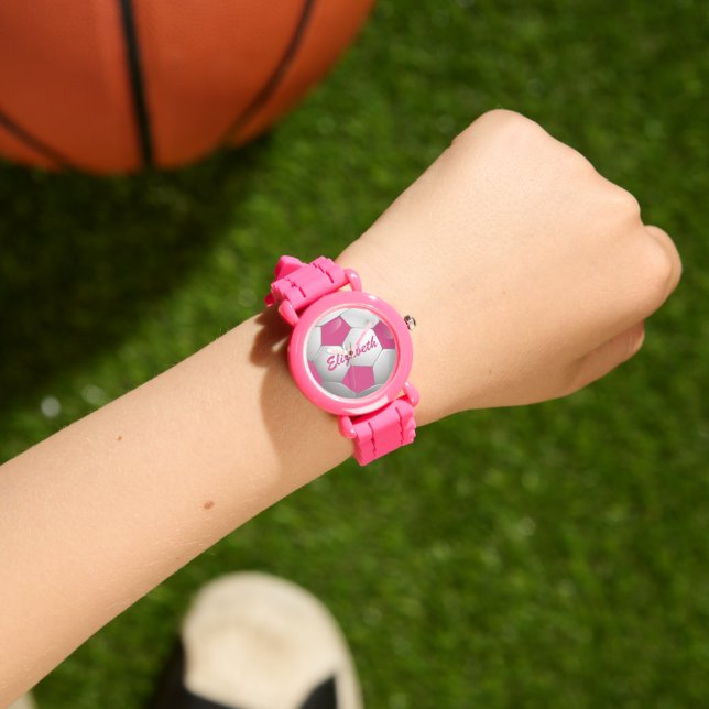Customizable Football Soccer Ball Pink and White Watch (Wrist)
