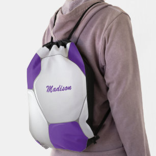 Customizable Football Soccer Ball Purple and White Drawstring Bag